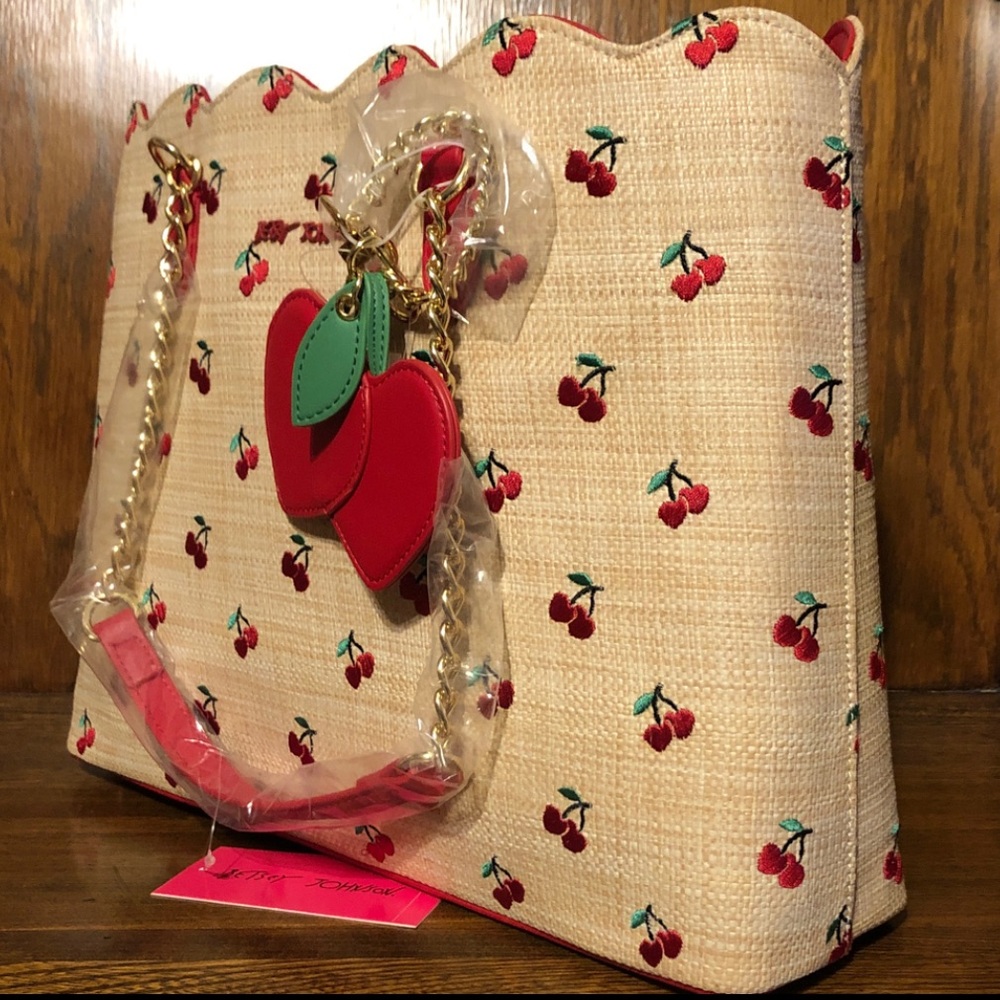 NWT-Betsey Johnson-Cherry🍒Embroidered-Large XO Tote-Woven Straw-Natural-$118 - Picture 4 of 16